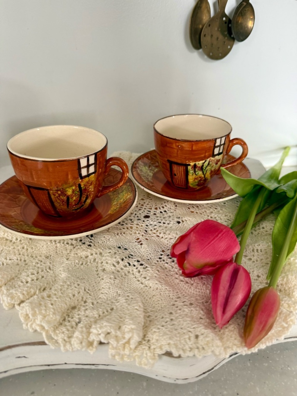 price bros Hand-Painted Brown Ceramic cottage Teacup & Saucer Set - 2 Pieces